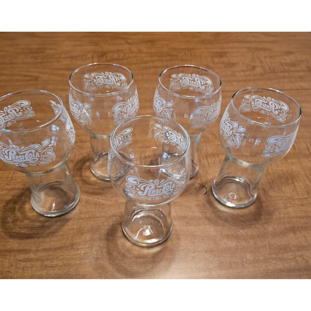 Vintage RETRO Pepsi Cola Glass Logo 1970's Set Lot of 5 Classic Pepsi Silhouette